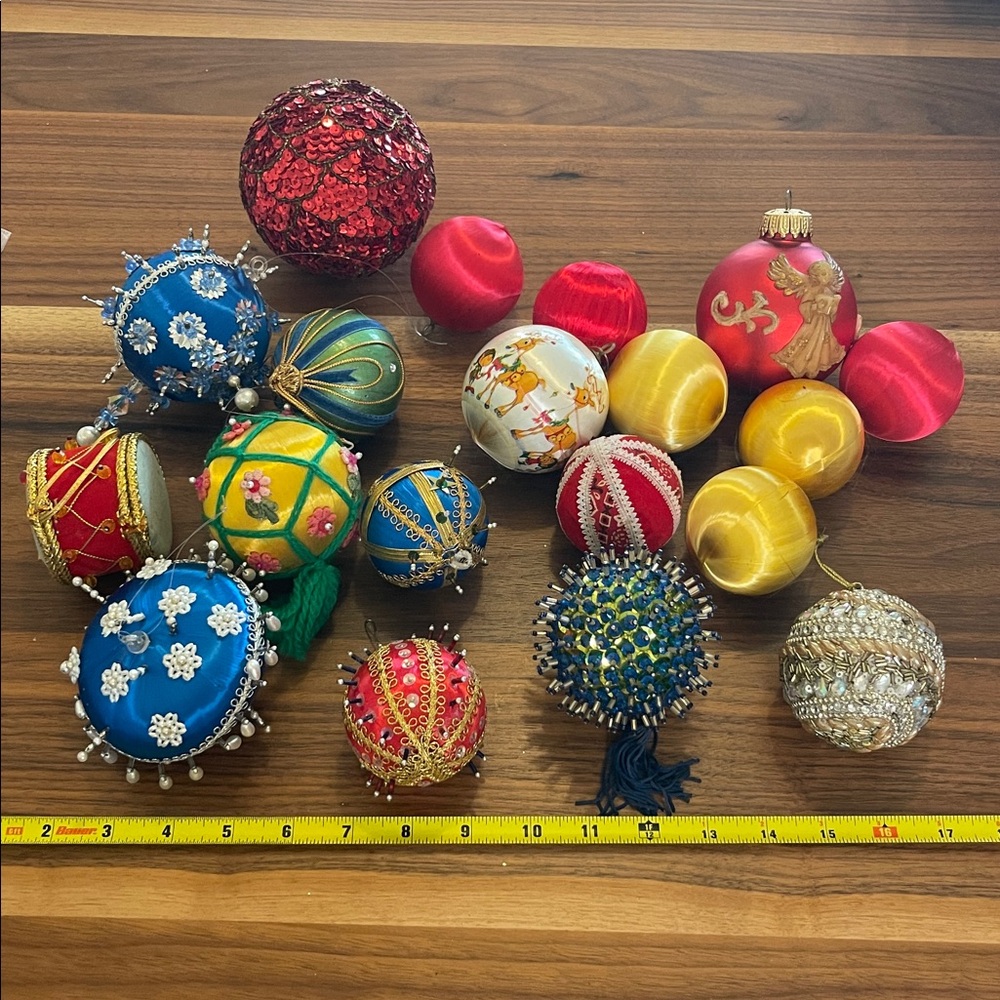 19 Colorful Vintage Satin and Beaded Christmas Ornaments Set